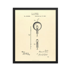 The original patent for the lightbulb by Thomas Edison framed print on a plain backdrop in size 16"x20".