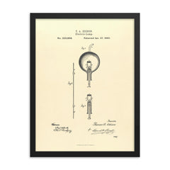 The original patent for the lightbulb by Thomas Edison framed print on a plain backdrop in size 18"x24".