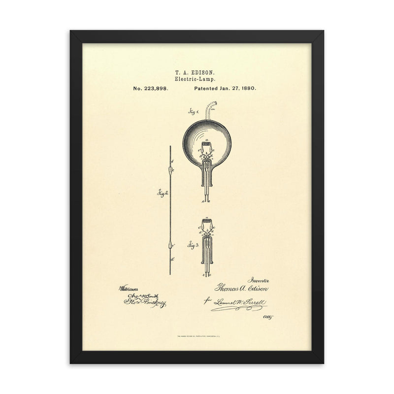 The original patent for the lightbulb by Thomas Edison framed print on a plain backdrop in size 18