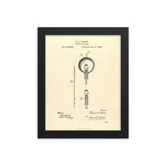 The original patent for the lightbulb by Thomas Edison framed print on a plain backdrop in size 8"x10".