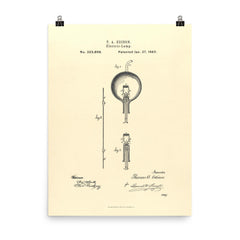 The original patent for the lightbulb by Thomas Edison poster on a plain backdrop in size 8"x10".