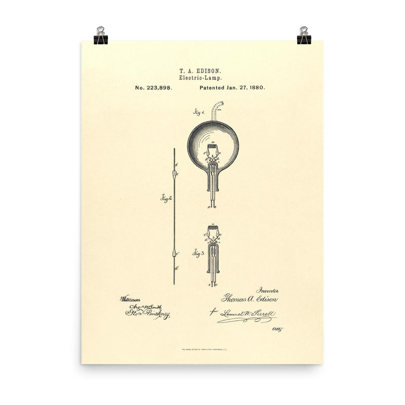 The original patent for the lightbulb by Thomas Edison poster on a plain backdrop in size 8