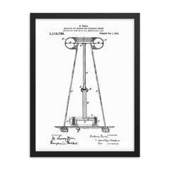 The original Tesla Coil patent drawing framed print on a plain backdrop in size 18"x24".