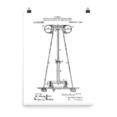 The original Tesla Coil patent drawing poster on a plain backdrop in size 8"x10".