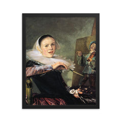 The Painteress (Self-Portrait) by Judith Leyster, 1630 framed print on a plain backdrop in size 16"x20".