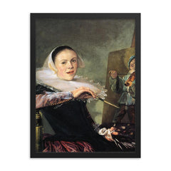 The Painteress (Self-Portrait) by Judith Leyster, 1630 framed print on a plain backdrop in size 18"x24".