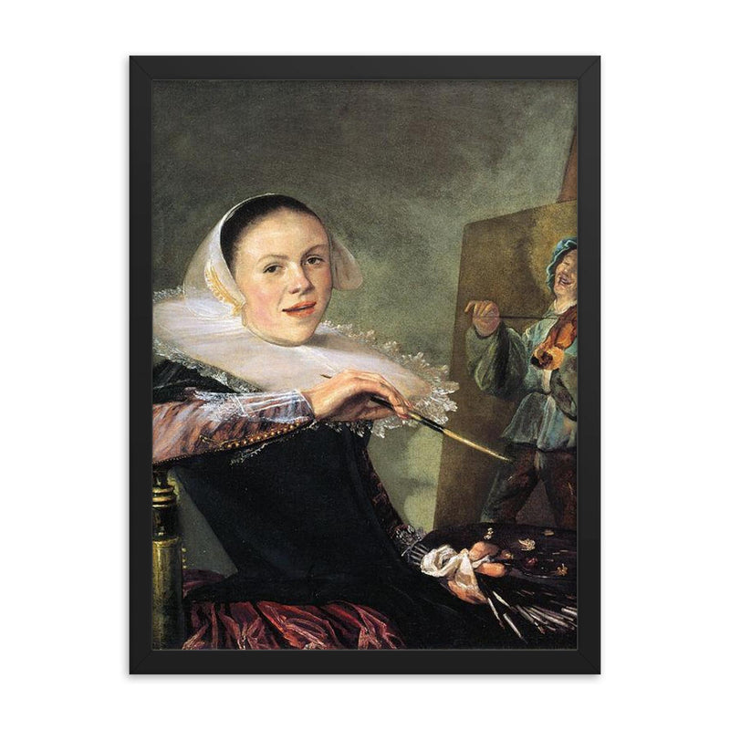 The Painteress (Self-Portrait) by Judith Leyster, 1630 framed print on a plain backdrop in size 18