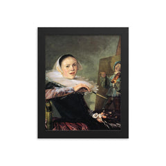 The Painteress (Self-Portrait) by Judith Leyster, 1630 framed print on a plain backdrop in size 8"x10".
