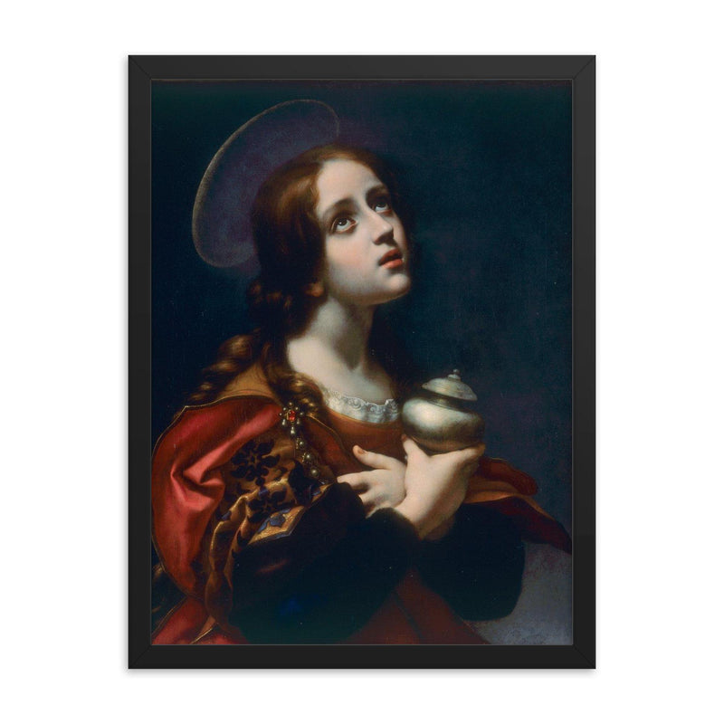 The Penitent Mary Magdalene by Carlo Dolci framed print on a plain backdrop in size 18