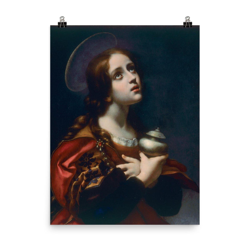 The Penitent Mary Magdalene by Carlo Dolci poster on a plain backdrop in size 8