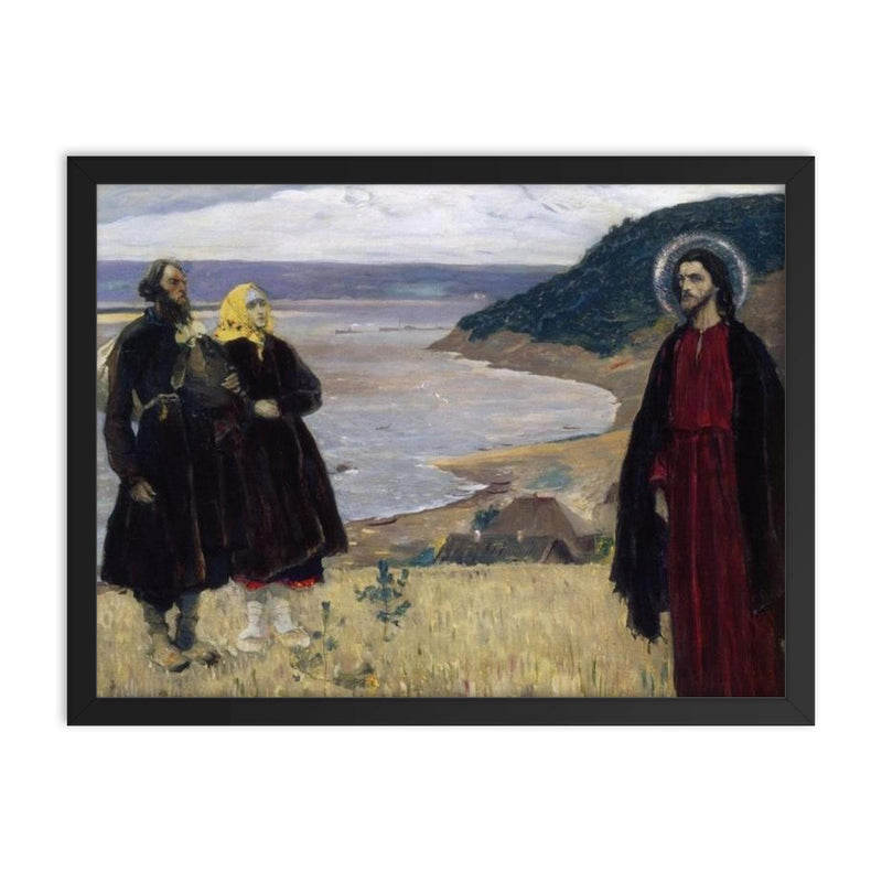 The Pilgrim by Mikhail Nesterov framed print on a plain backdrop in size 18