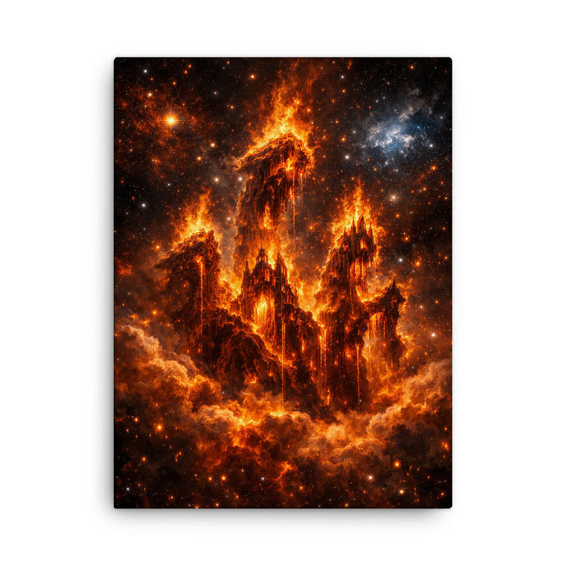 The Pillars of Creation reimagined as cathedral fire canvas print on a plain backdrop in size 18