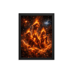The Pillars of Creation reimagined as cathedral fire framed print on a plain backdrop in size 12"x16".