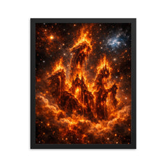 The Pillars of Creation reimagined as cathedral fire framed print on a plain backdrop in size 16"x20".