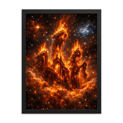 The Pillars of Creation reimagined as cathedral fire framed print on a plain backdrop in size 18"x24".