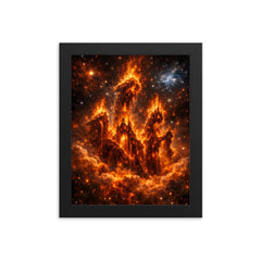 The Pillars of Creation reimagined as cathedral fire framed print on a plain backdrop in size 8"x10".