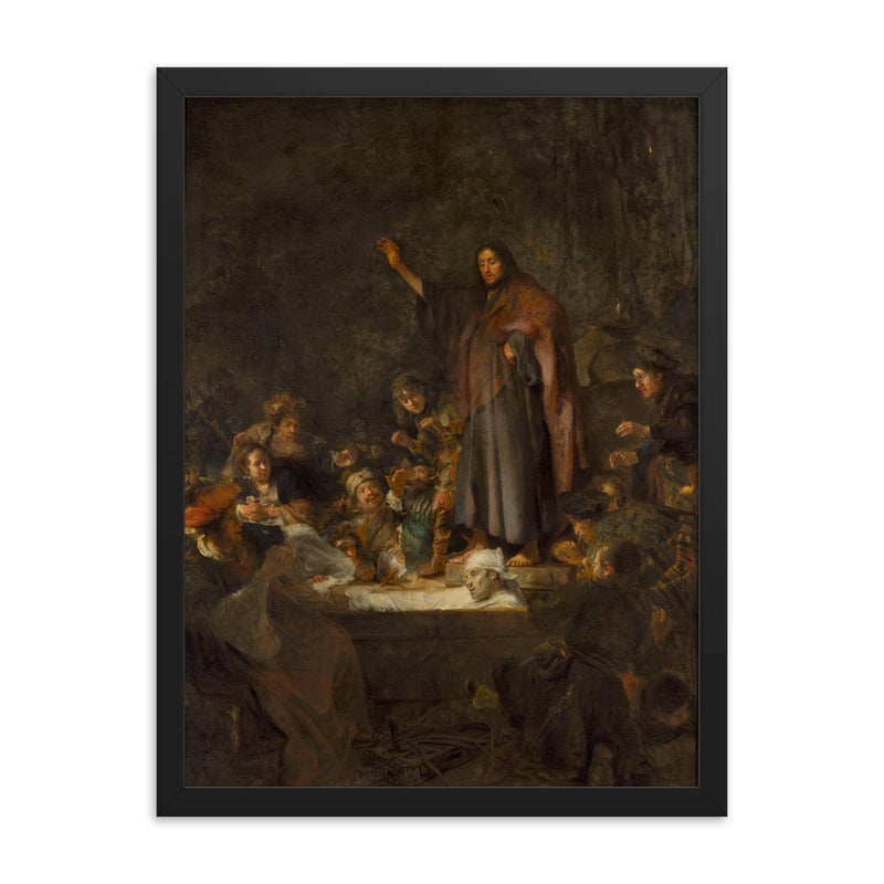 The Raising of Lazarus by Carel Fabritius framed print on a plain backdrop in size 18
