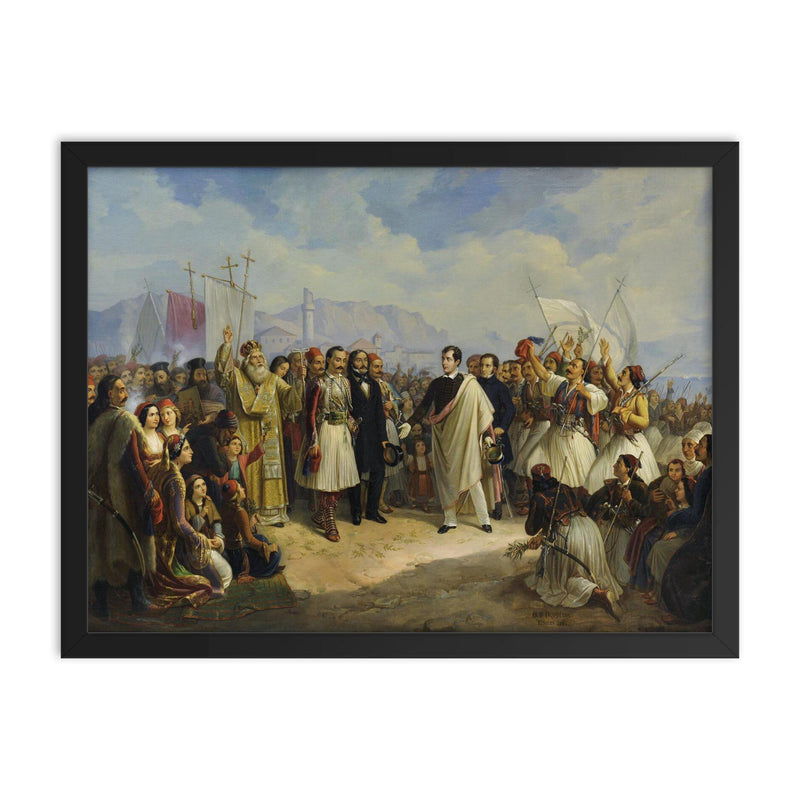 The Reception of Lord Byron at Missolonghi by Theodoros Vryzakis, 1861 framed print on a plain backdrop in size 18
