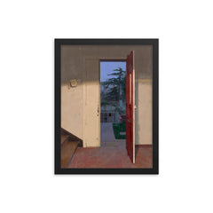 The Red Door by Isabel Quintanilla, 1978 framed print on a plain backdrop in size 12"x16".