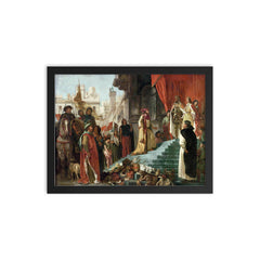 The Return of Christopher Columbus Before King Ferdinand and Queen Isabella by Eugène Delacroix, 1839 framed print on a plain backdrop in size 12"x16".