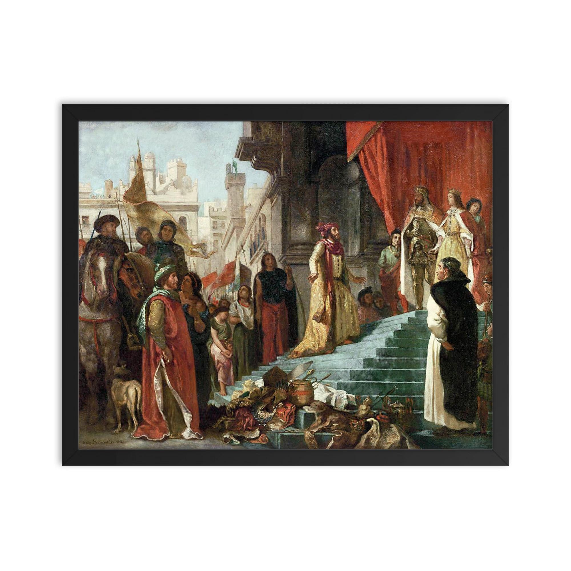 The Return of Christopher Columbus Before King Ferdinand and Queen Isabella by Eugène Delacroix, 1839 framed print on a plain backdrop in size 16"x20".
