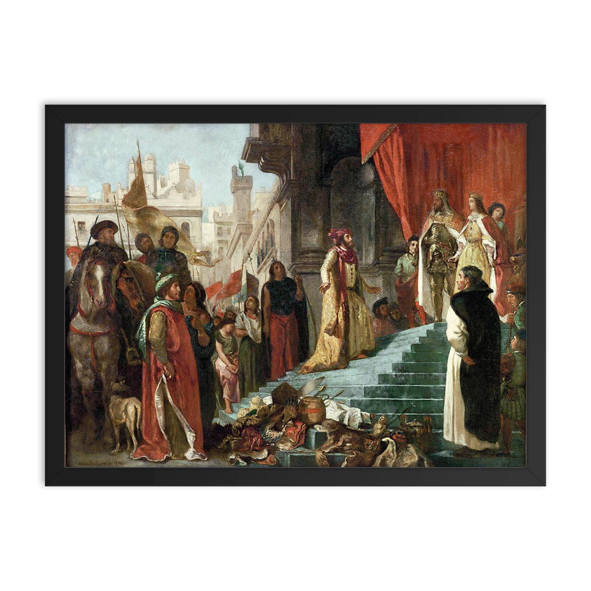 The Return of Christopher Columbus Before King Ferdinand and Queen Isabella by Eugène Delacroix, 1839 framed print on a plain backdrop in size 18"x24".