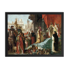 The Return of Christopher Columbus Before King Ferdinand and Queen Isabella by Eugène Delacroix, 1839 framed print on a plain backdrop in size 18"x24".