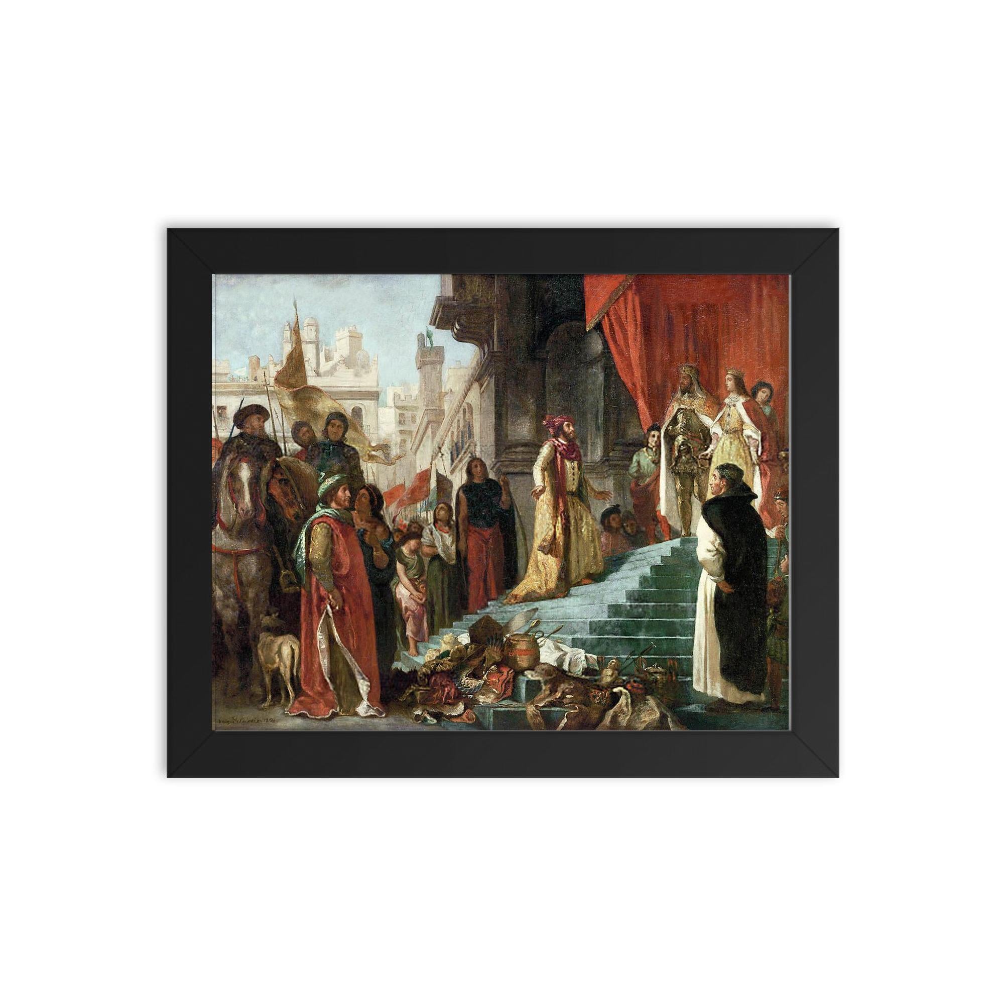 The Return of Christopher Columbus Before King Ferdinand and Queen Isabella by Eugène Delacroix, 1839 framed print on a plain backdrop in size 8"x10".