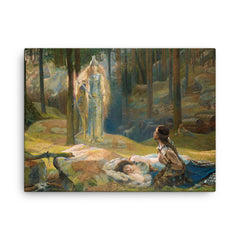 The Revelation - Brunnhilde Discovering Sieglinde and Siegmund by Gaston Bussiere canvas print on a plain backdrop in size 18"x24".