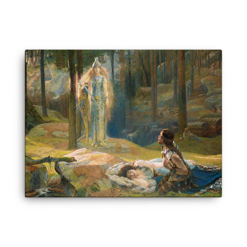The Revelation - Brunnhilde Discovering Sieglinde and Siegmund by Gaston Bussiere canvas print on a plain backdrop in size 18