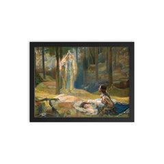 The Revelation - Brunnhilde Discovering Sieglinde and Siegmund by Gaston Bussiere framed print on a plain backdrop in size 12"x16".