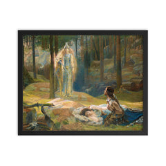 The Revelation - Brunnhilde Discovering Sieglinde and Siegmund by Gaston Bussiere framed print on a plain backdrop in size 16"x20".
