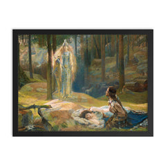 The Revelation - Brunnhilde Discovering Sieglinde and Siegmund by Gaston Bussiere framed print on a plain backdrop in size 18"x24".