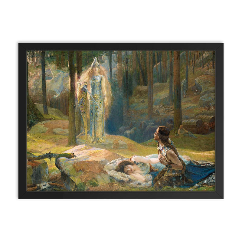 The Revelation - Brunnhilde Discovering Sieglinde and Siegmund by Gaston Bussiere framed print on a plain backdrop in size 18