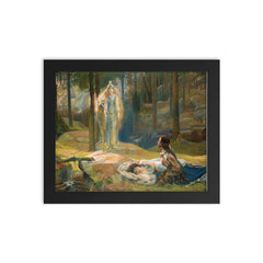 The Revelation - Brunnhilde Discovering Sieglinde and Siegmund by Gaston Bussiere framed print on a plain backdrop in size 8"x10".