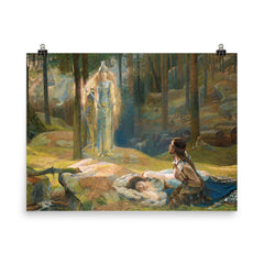 The Revelation - Brunnhilde Discovering Sieglinde and Siegmund by Gaston Bussiere poster on a plain backdrop in size 8"x10".