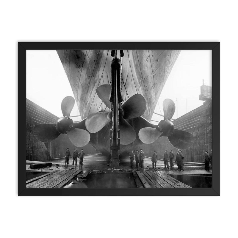 The RMS Titanic in dry dock at the Harland and Wolff shipyard in Belfast, Ireland, 1910 framed print on a plain backdrop in size 18