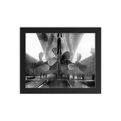 The RMS Titanic in dry dock at the Harland and Wolff shipyard in Belfast, Ireland, 1910 framed print on a plain backdrop in size 8"x10".