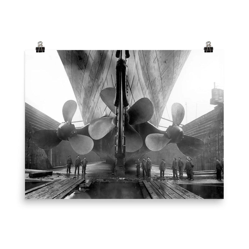 The RMS Titanic in dry dock at the Harland and Wolff shipyard in Belfast, Ireland, 1910 poster on a plain backdrop in size 8