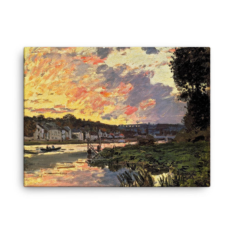 The Seine at Bougival in the Evening by Claude Monet, 1869 canvas print on a plain backdrop in size 18
