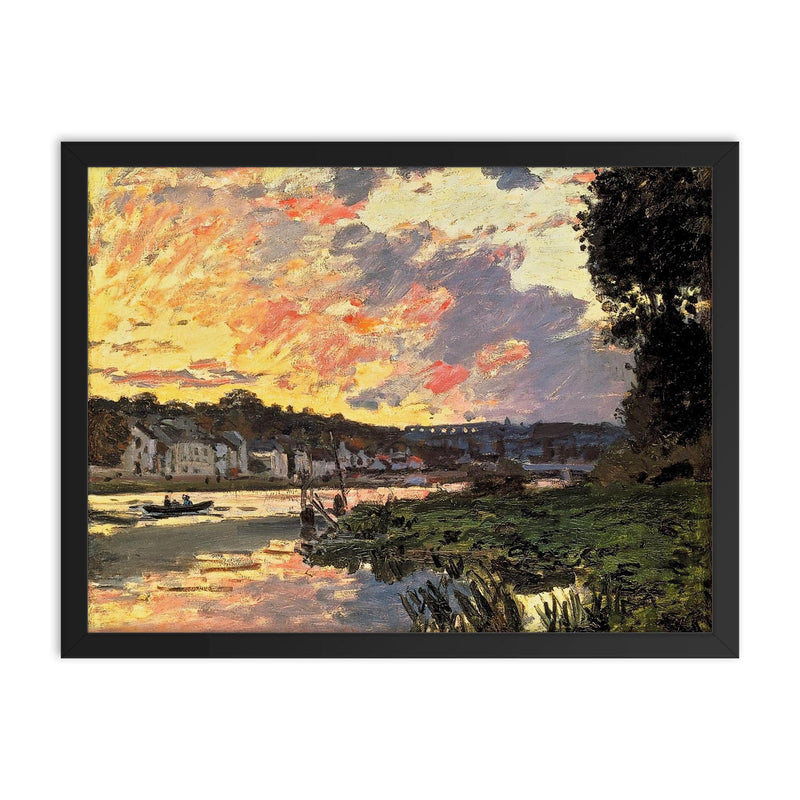 The Seine at Bougival in the Evening by Claude Monet, 1869 framed print on a plain backdrop in size 18