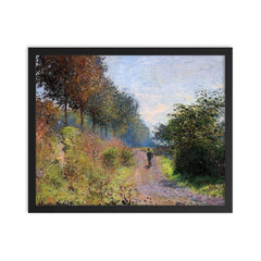 The Sheltered Path by Claude Monet, 1873 framed print on a plain backdrop in size 16"x20".