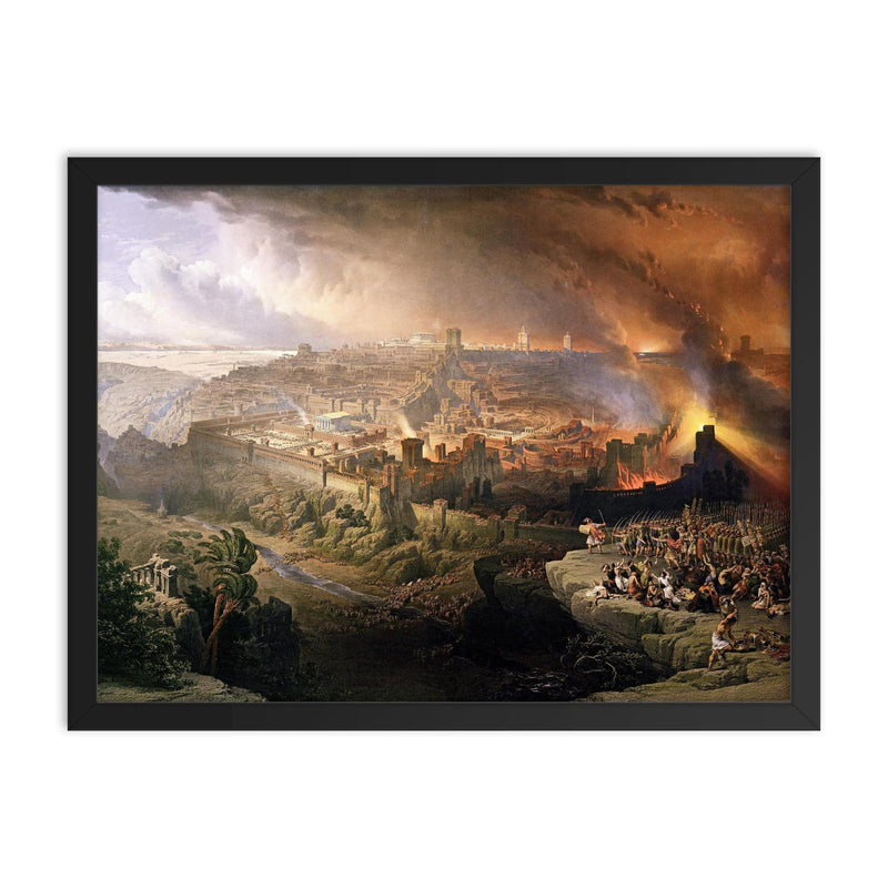 The Siege and Destruction of Jerusalem by the Romans Under the Command of Titus by David Roberts, 1850 framed print on a plain backdrop in size 18