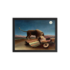The Sleeping Gypsy by Henri Rousseau, 1897 framed print on a plain backdrop in size 12"x16".