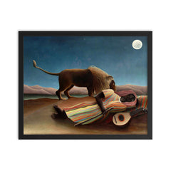 The Sleeping Gypsy by Henri Rousseau, 1897 framed print on a plain backdrop in size 16"x20".