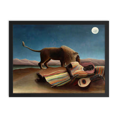 The Sleeping Gypsy by Henri Rousseau, 1897 framed print on a plain backdrop in size 18"x24".