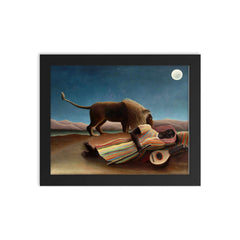 The Sleeping Gypsy by Henri Rousseau, 1897 framed print on a plain backdrop in size 8"x10".