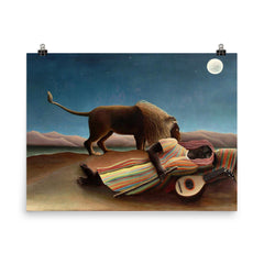 The Sleeping Gypsy by Henri Rousseau, 1897 poster on a plain backdrop in size 8"x10".