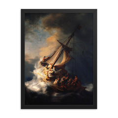 The Storm on the Sea of Galilee by Rembrandt framed print on a plain backdrop in size 18"x24".