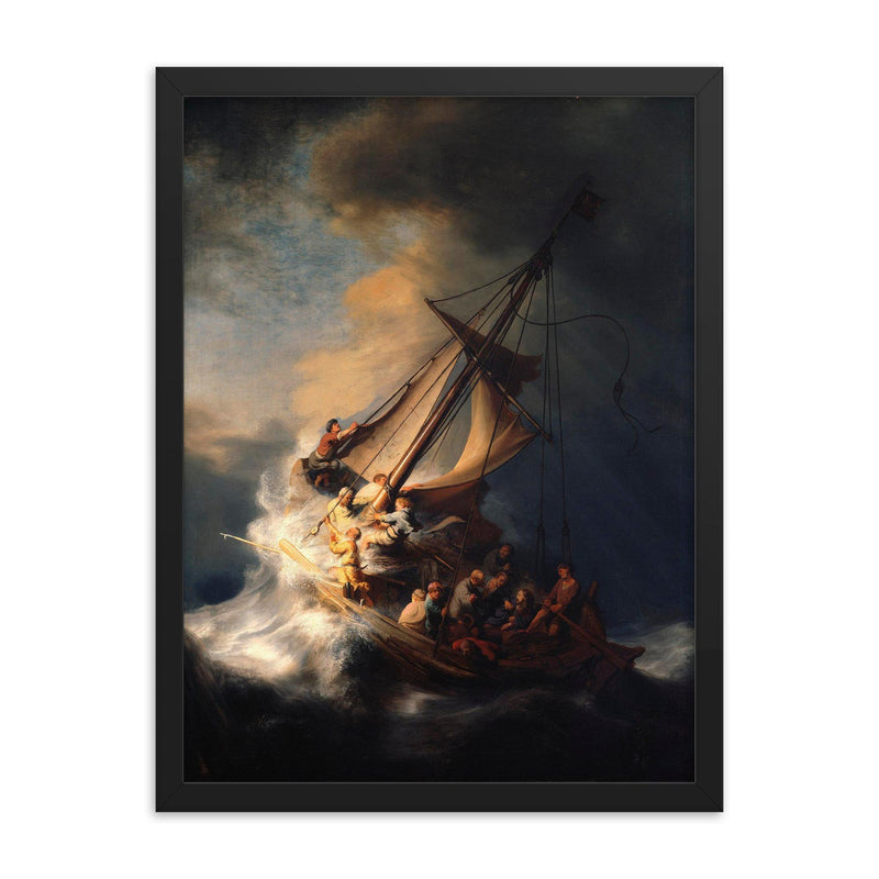 The Storm on the Sea of Galilee by Rembrandt framed print on a plain backdrop in size 18